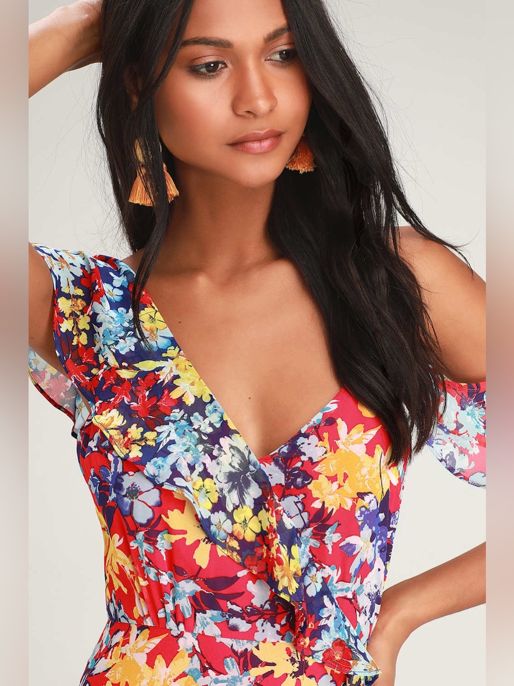 Lulu’s Radiant Rudy Red Floral Print Chiffon Maxi Dress Medium NWT - Picture 4 of 14